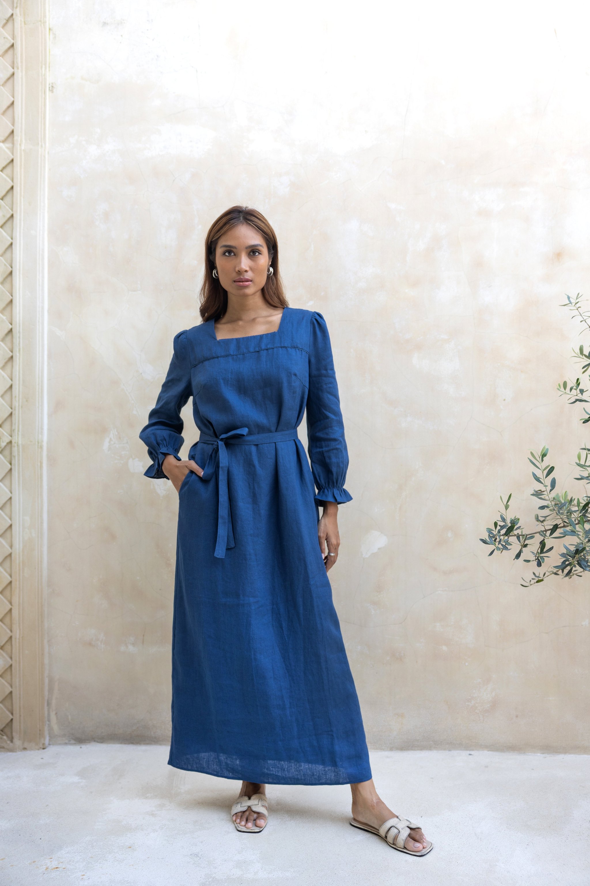 Ember linen Straight Dress-Navy Blue- Final Sale, view 2