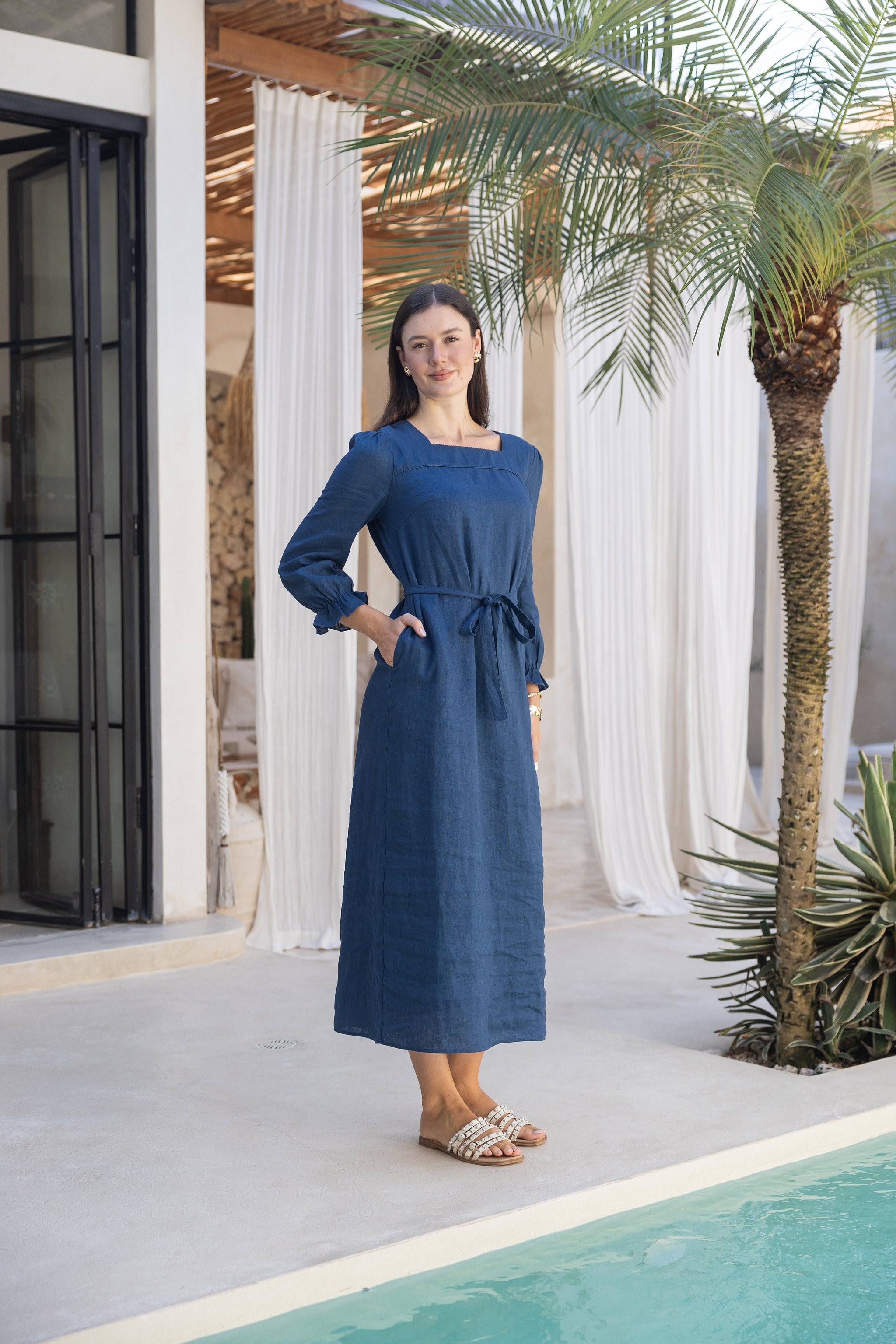 Ember linen Straight Dress-Navy Blue- Final Sale, view 4