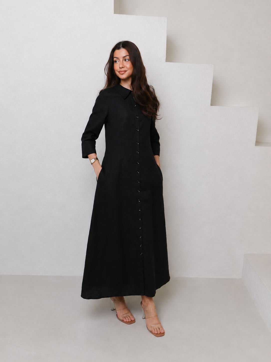 Cypress 100% Linen-Black Button Down Shirtdress by The Tunic Shop
