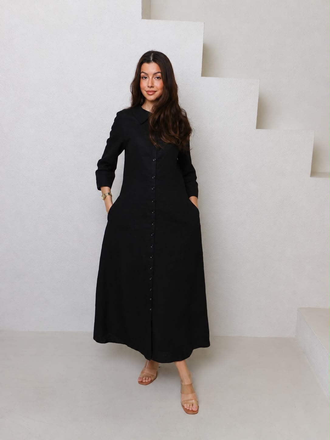 Cypress 100% Linen-Black Button Down Shirtdress, view 2