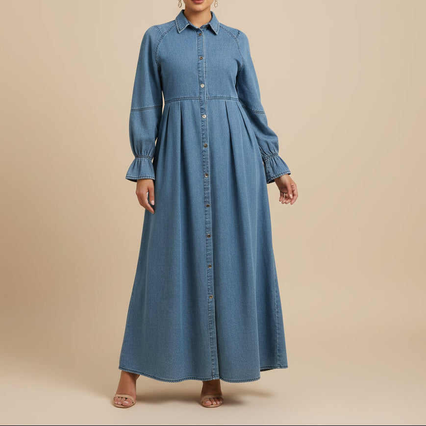 Nahla Blue Denim Button-Front Modest Maxi Dress by Try Modest