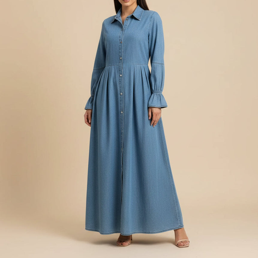 Nahla Blue Denim Button-Front Modest Maxi Dress, view 2