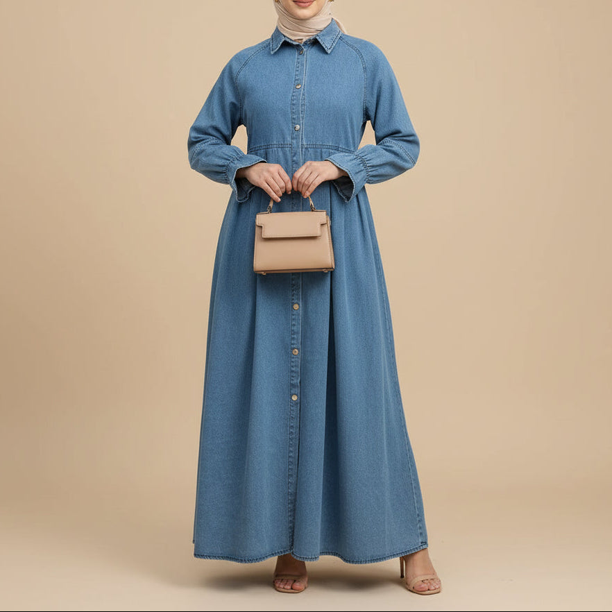 Nahla Blue Denim Button-Front Modest Maxi Dress, view 3