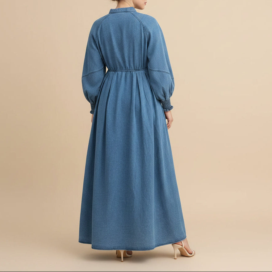 Nahla Blue Denim Button-Front Modest Maxi Dress, view 4