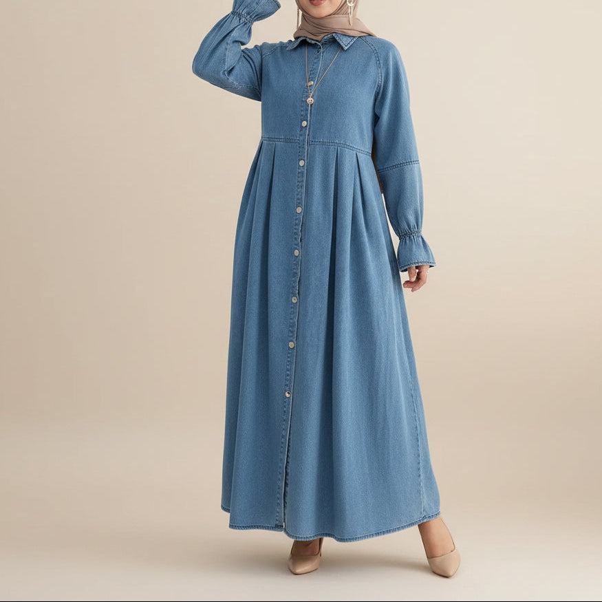 Nahla Blue Denim Button-Front Modest Maxi Dress, view 6