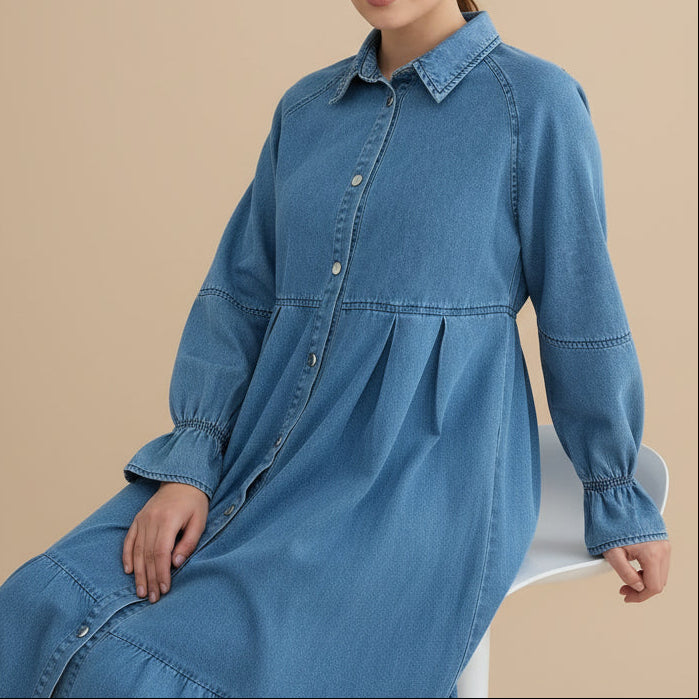 Nahla Blue Denim Button-Front Modest Maxi Dress, view 7