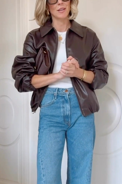 Margovil Lapel Zip Up Faux Leather Bomber Jacket by Margovil