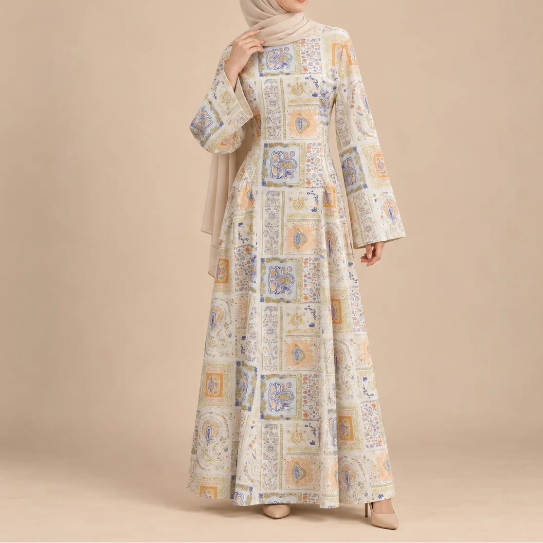 Aylin Printed Cotton Back-Tie Modest Maxi Dress, view 3