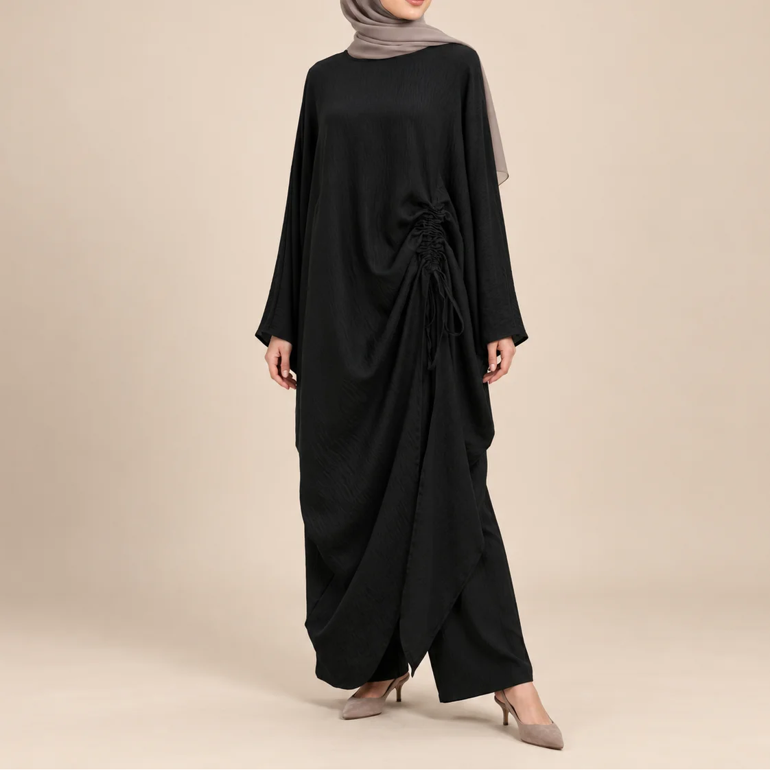 Estelle Ruched Side-Tie Abaya Co-Ord Set, view 2