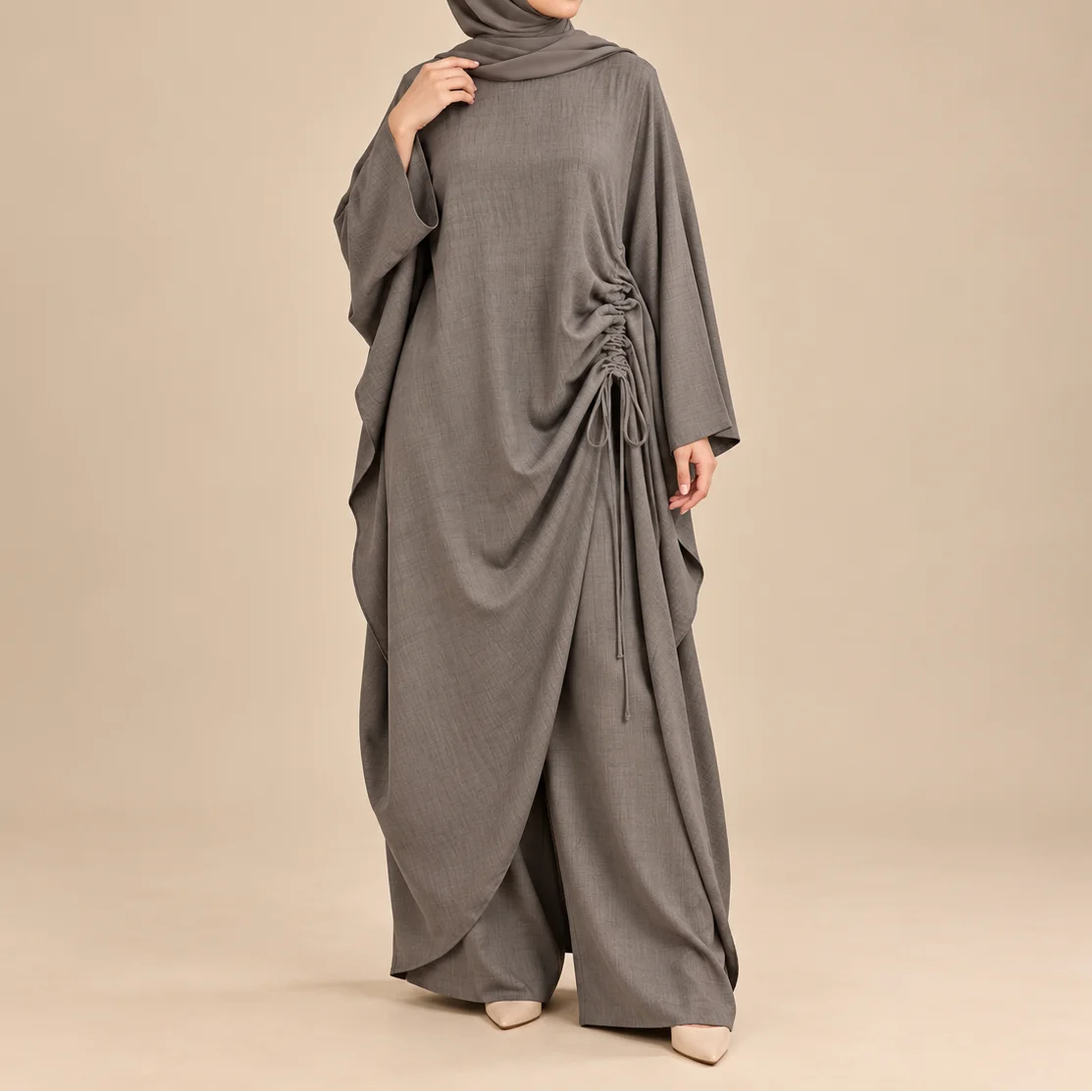 Estelle Ruched Side-Tie Abaya Co-Ord Set, view 3