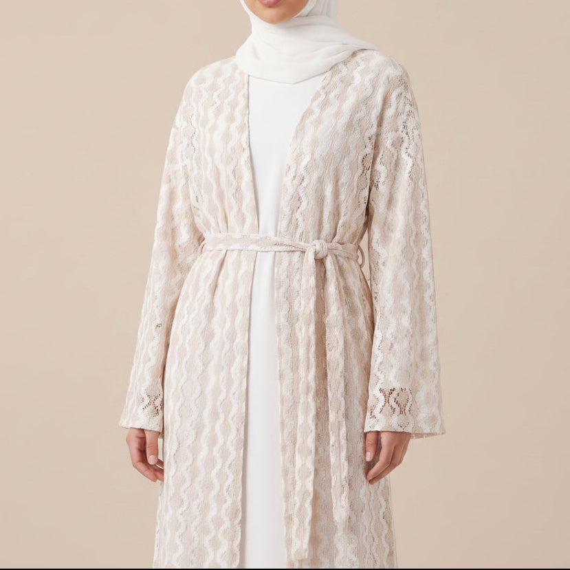 Mihri Crochet Lace Belted Abaya Kimono, view 2