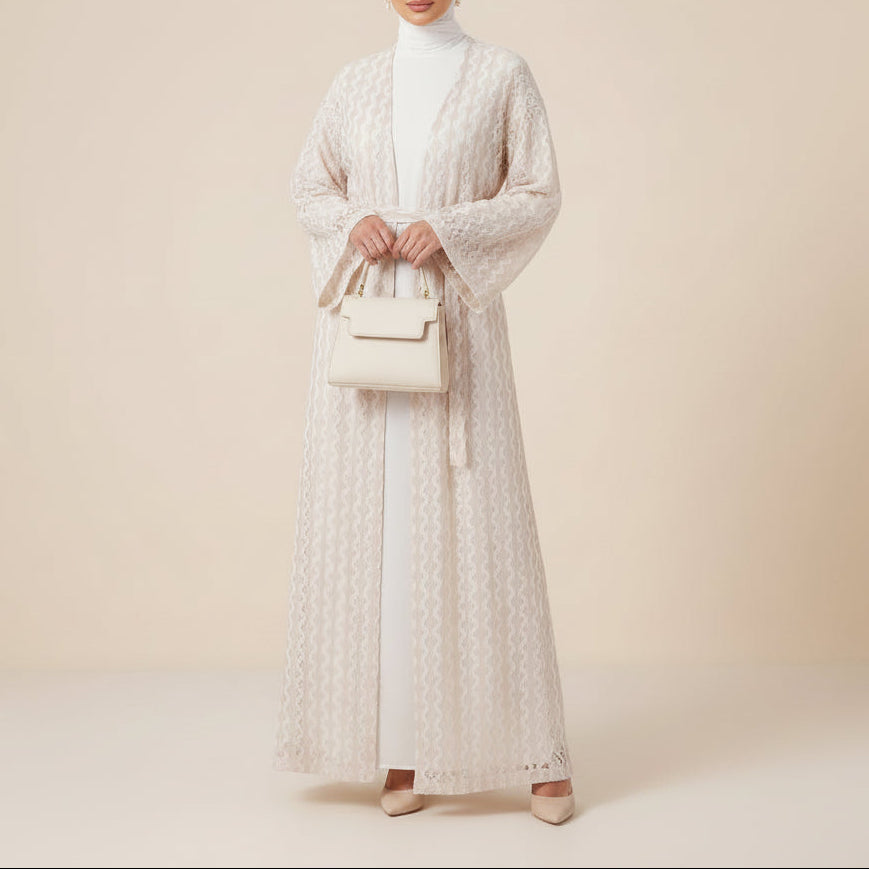 Mihri Crochet Lace Belted Abaya Kimono, view 5