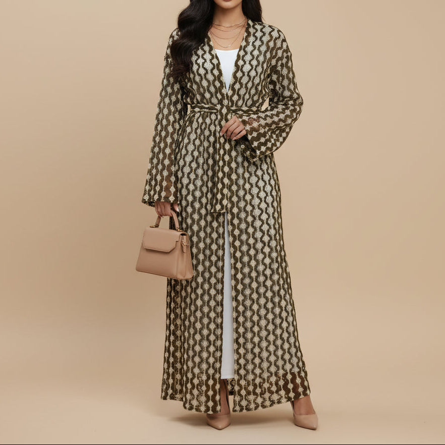 Mihri Crochet Lace Belted Abaya Kimono, view 6