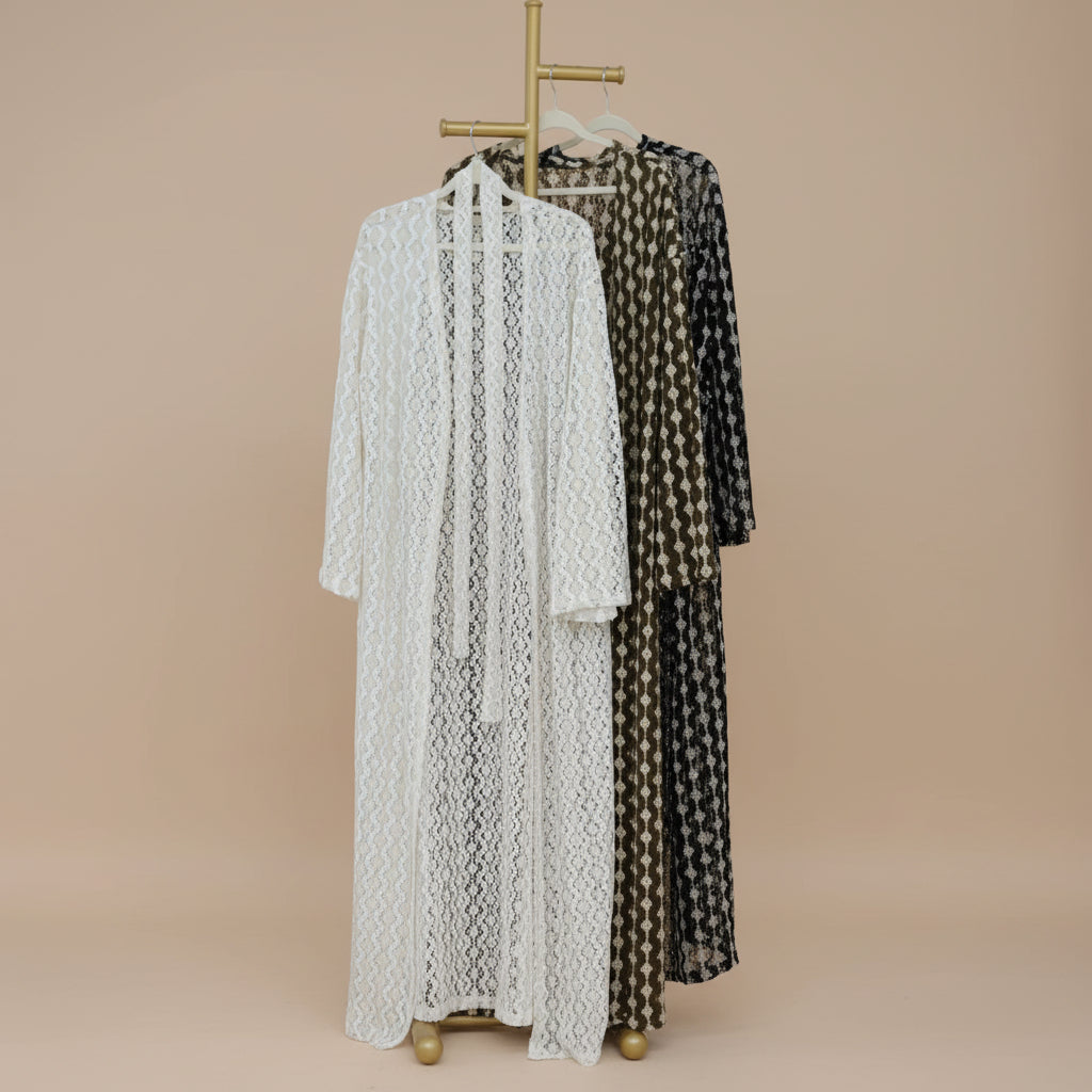 Mihri Crochet Lace Belted Abaya Kimono, view 7