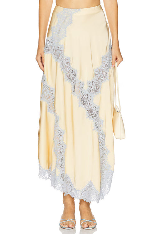 Margovil High Rise Color Block Lace Trim Satin Maxi Skirt, view 5