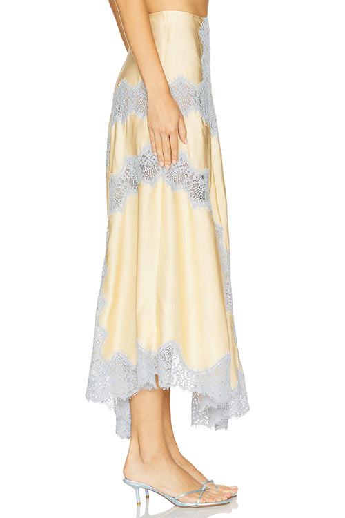 Margovil High Rise Color Block Lace Trim Satin Maxi Skirt, view 6