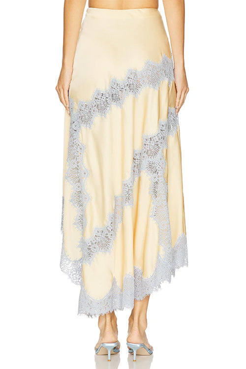 Margovil High Rise Color Block Lace Trim Satin Maxi Skirt, view 7