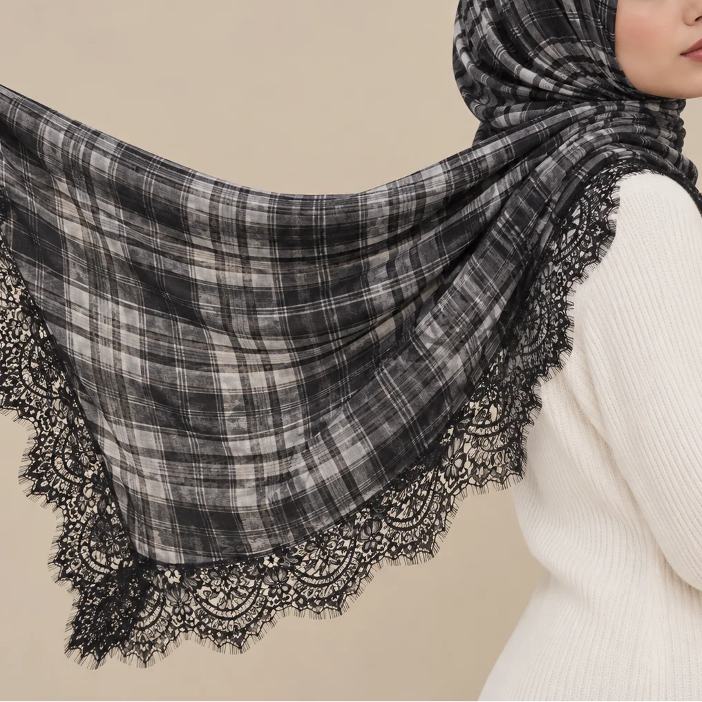 Noir Plaid Lace Modal Hijab by Try Modest