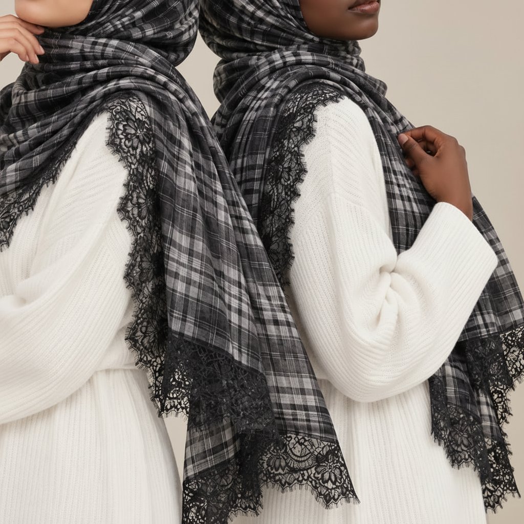 Noir Plaid Lace Modal Hijab, view 2