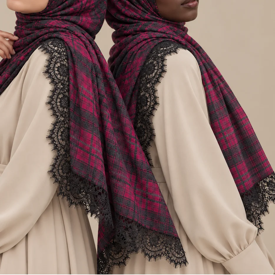 Berry Plaid Lace Modal Hijab by Try Modest