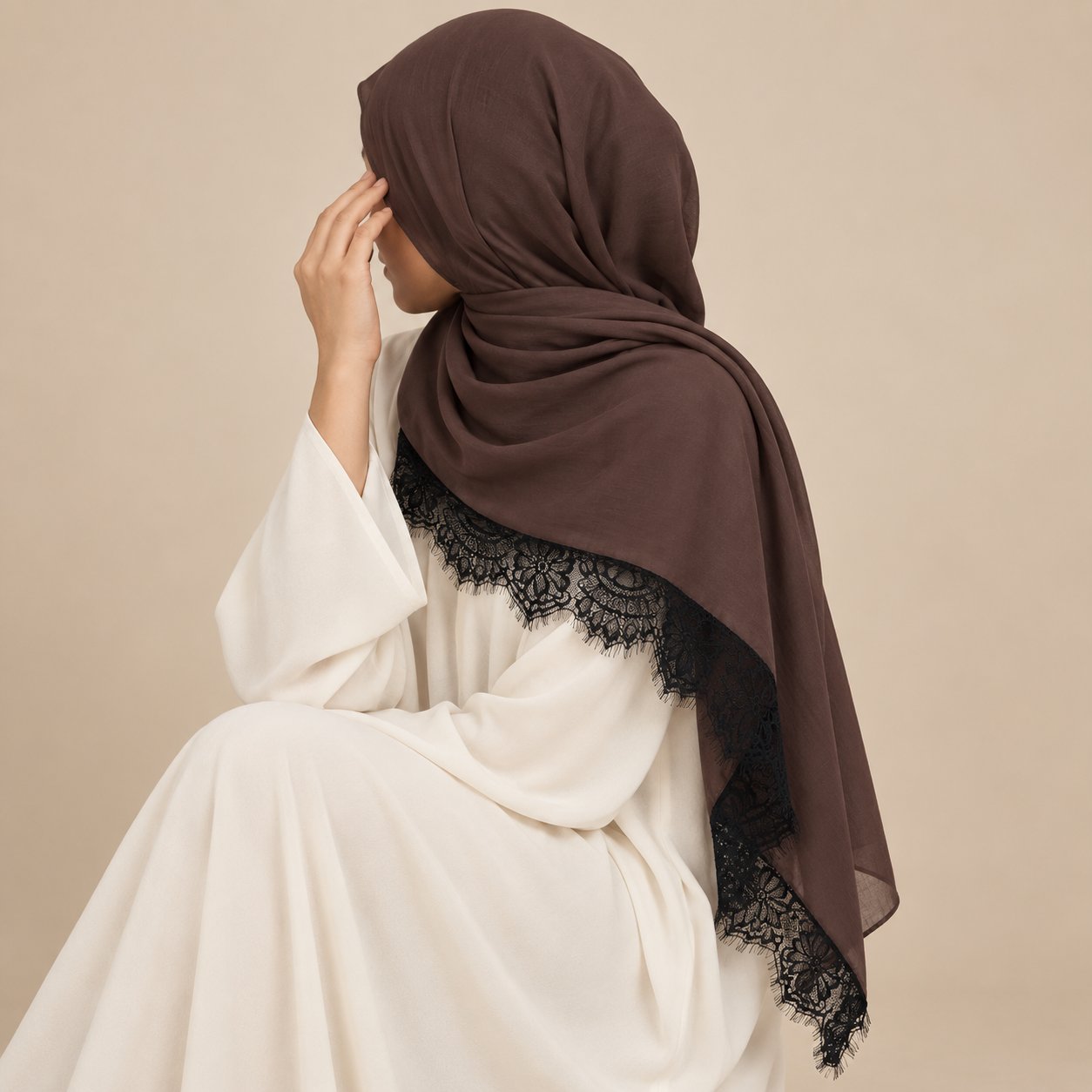 Cocoa Noir Contrast Modal Lace Hijab, view 2