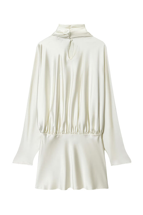 Margovil High Neck Long Sleeves Satin Mini Dress with Scarf, view 3