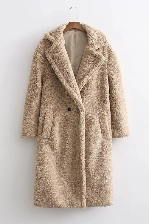 Margovil Notch Lapel Double Breasted Pocketed Fuzzy Fleece Coat by Margovil
