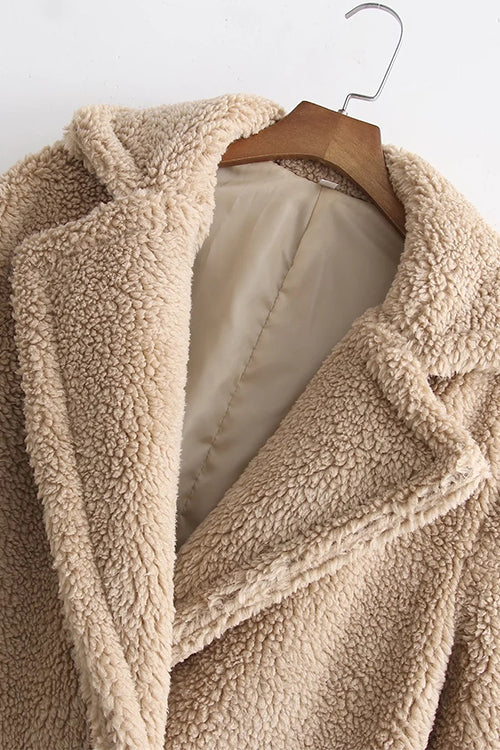 Margovil Notch Lapel Double Breasted Pocketed Fuzzy Fleece Coat, view 2