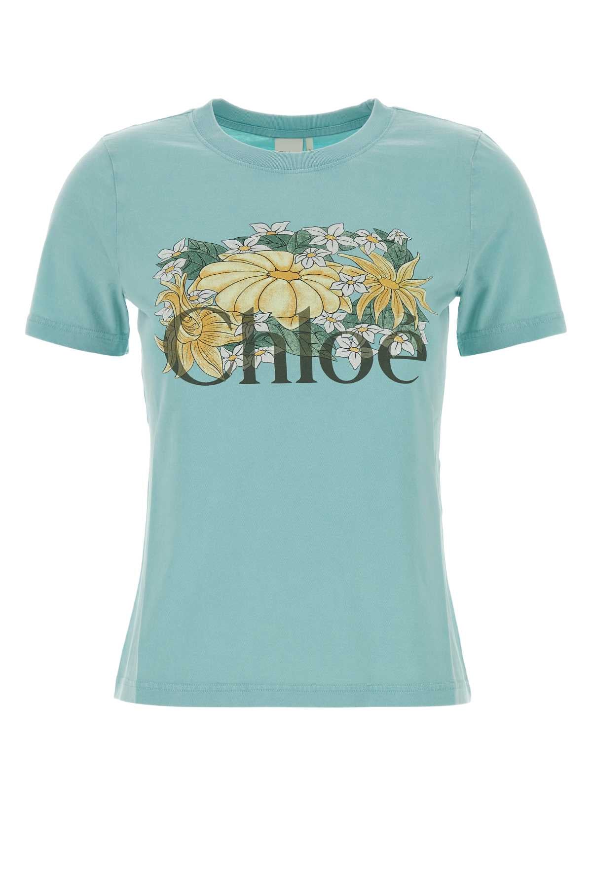 Chloé Floral Logo-Print Cotton T-Shirt — Turquoise by Chloé