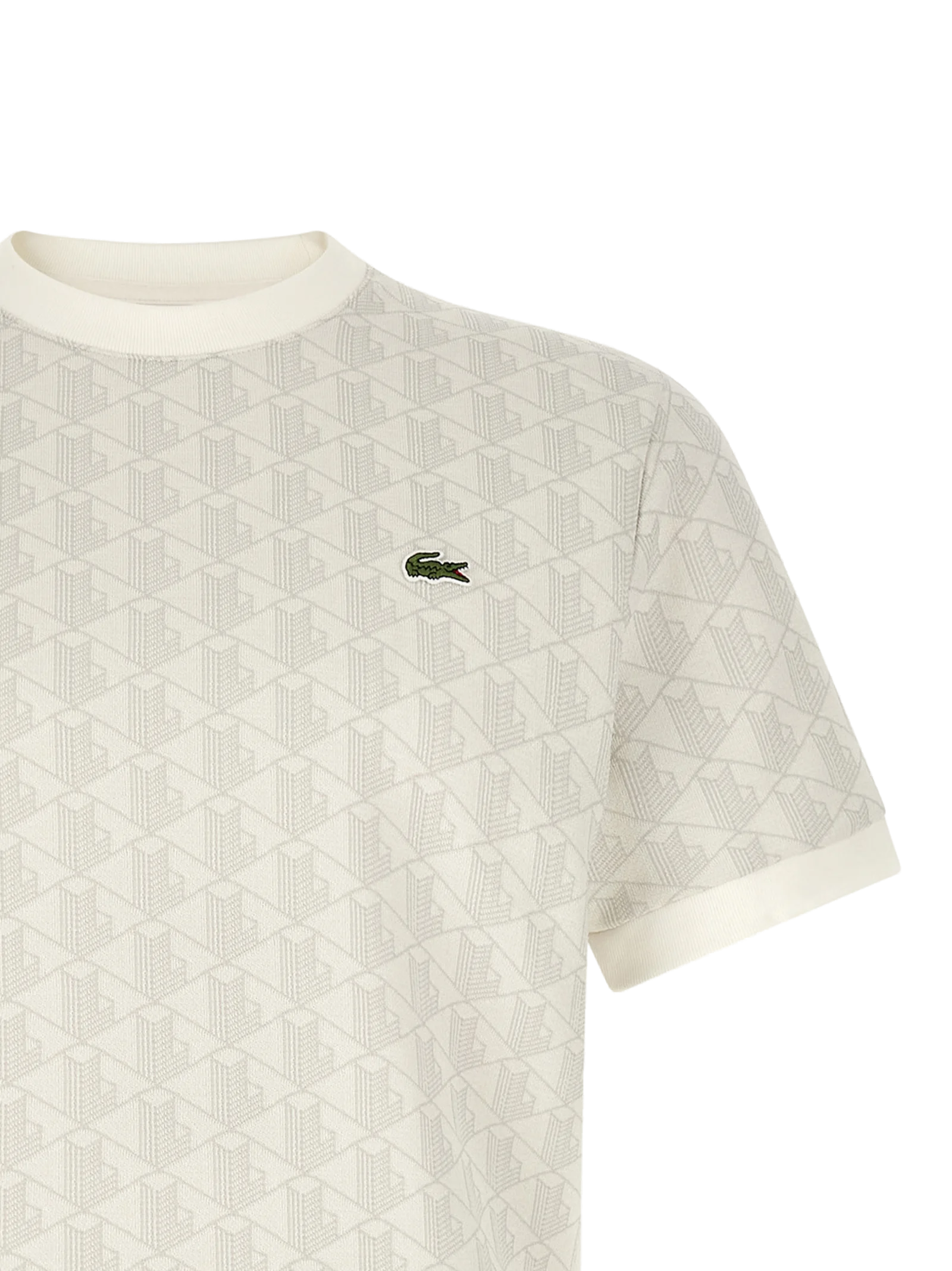 Lacoste Geometric Jacquard Cotton Blend T-Shirt — Beige, view 3