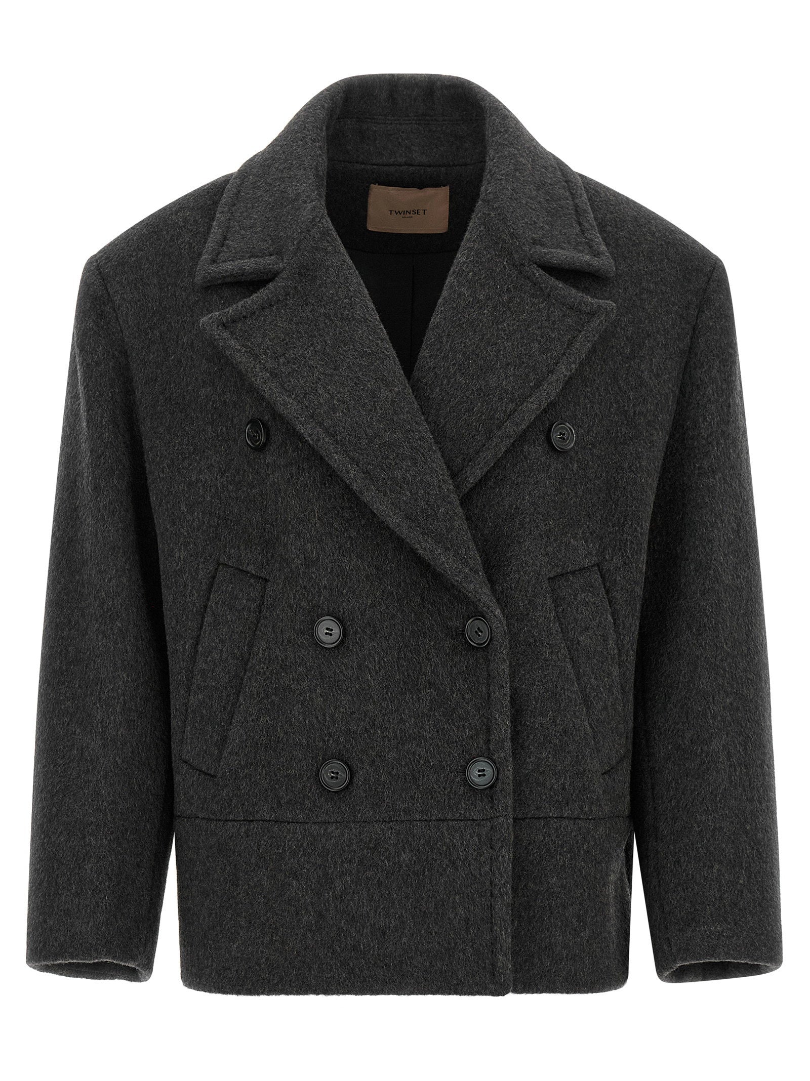 Twin Set Double-Breasted Wool Blend Coat — Charcoal by Twin-Set