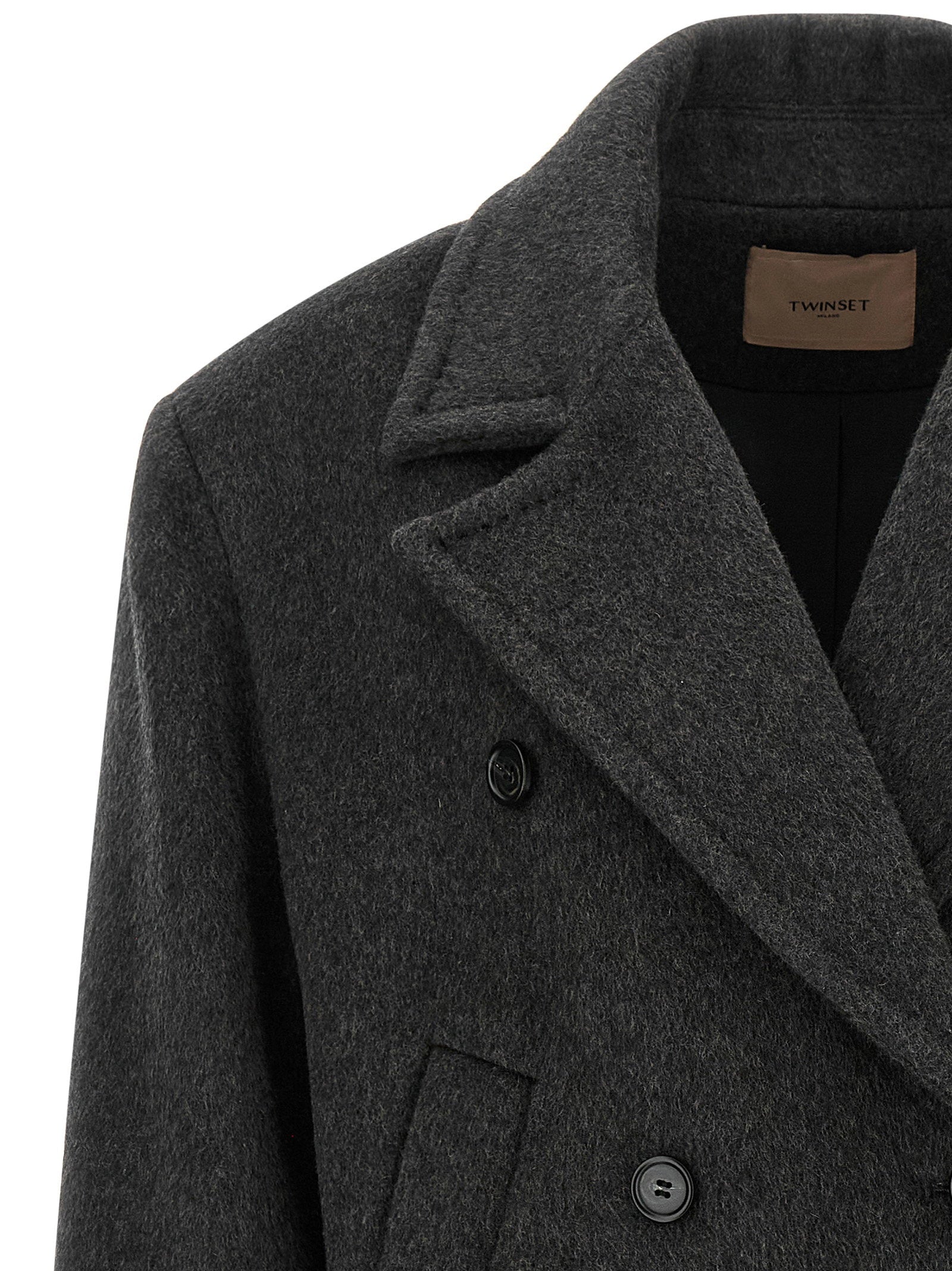 Twin Set Double-Breasted Wool Blend Coat — Charcoal, view 3