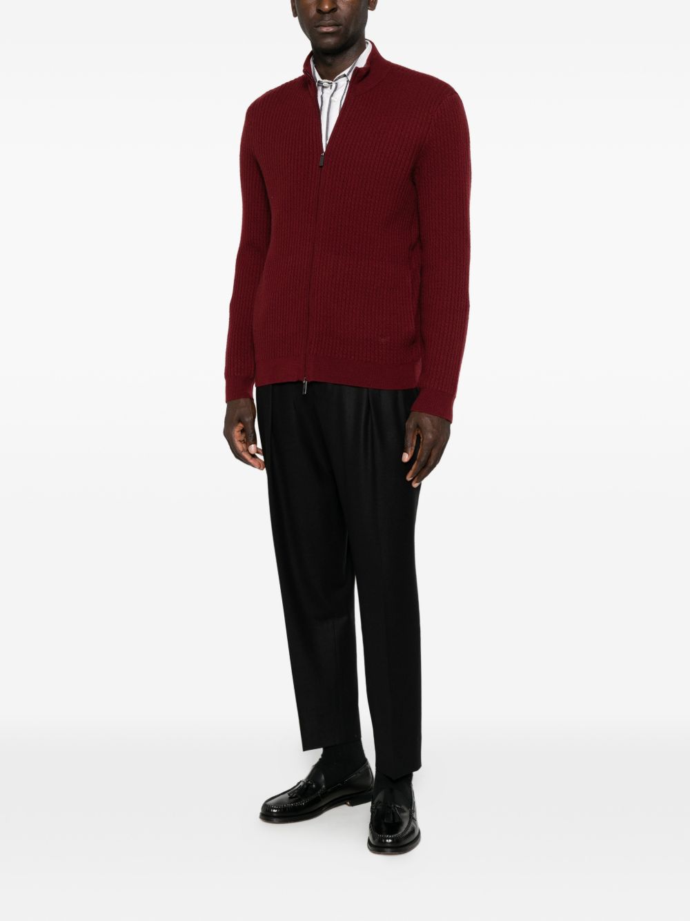 Emporio Armani Ribbed Wool Cardigan — Burgundy, view 3