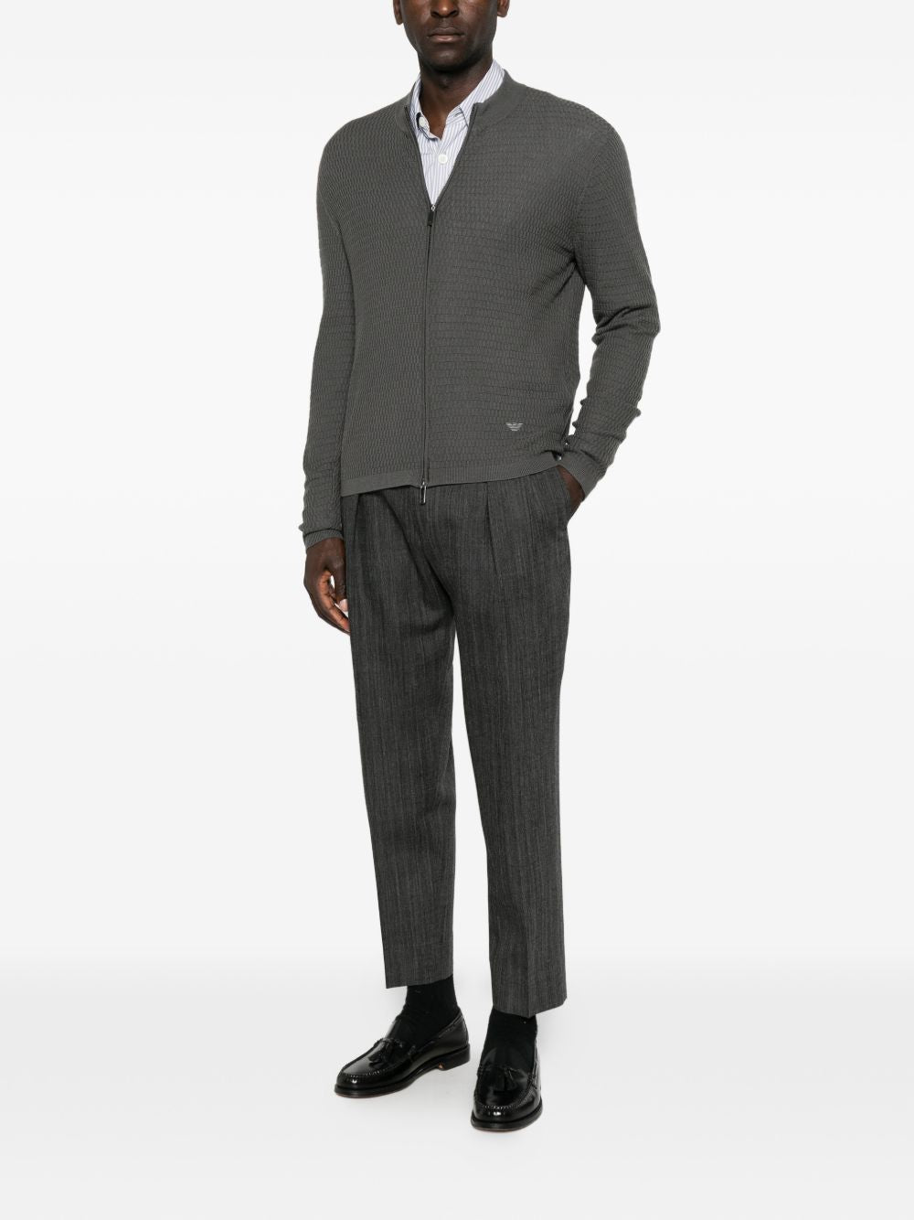 Emporio Armani Waffle-Knit Wool Cardigan — Grey, view 2