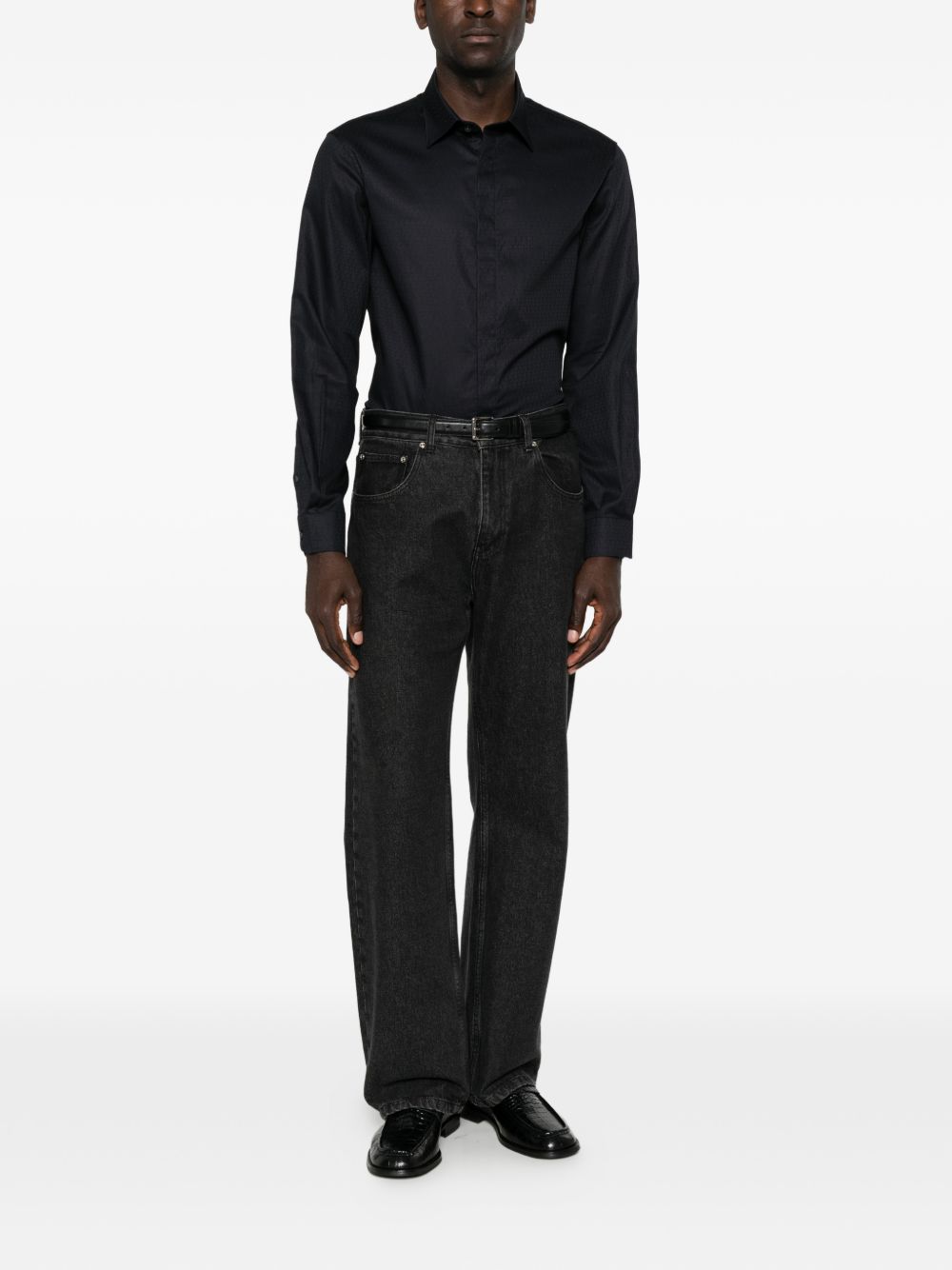 Emporio Armani Monogram Jacquard Cotton Shirt — Navy, view 4