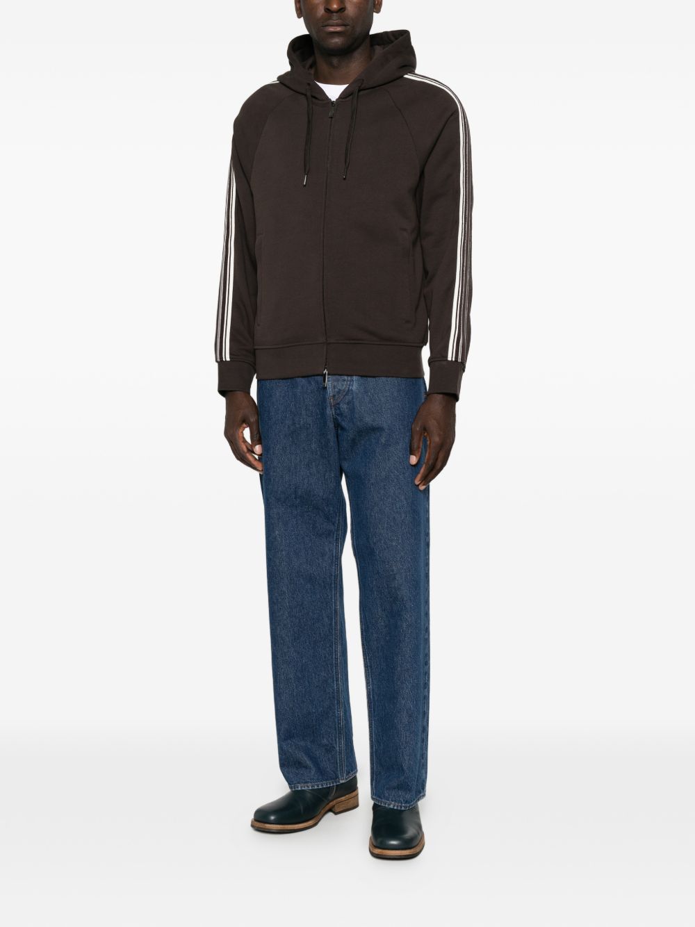 Emporio Armani Logo-Stripe Cotton Hoodie — Brown, view 2