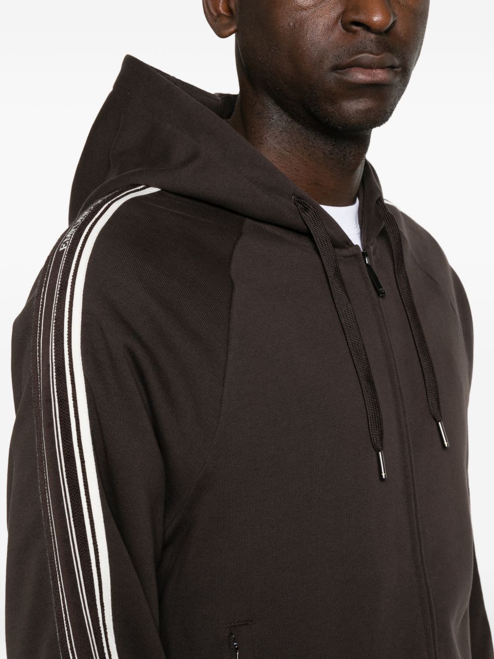 Emporio Armani Logo-Stripe Cotton Hoodie — Brown, view 3