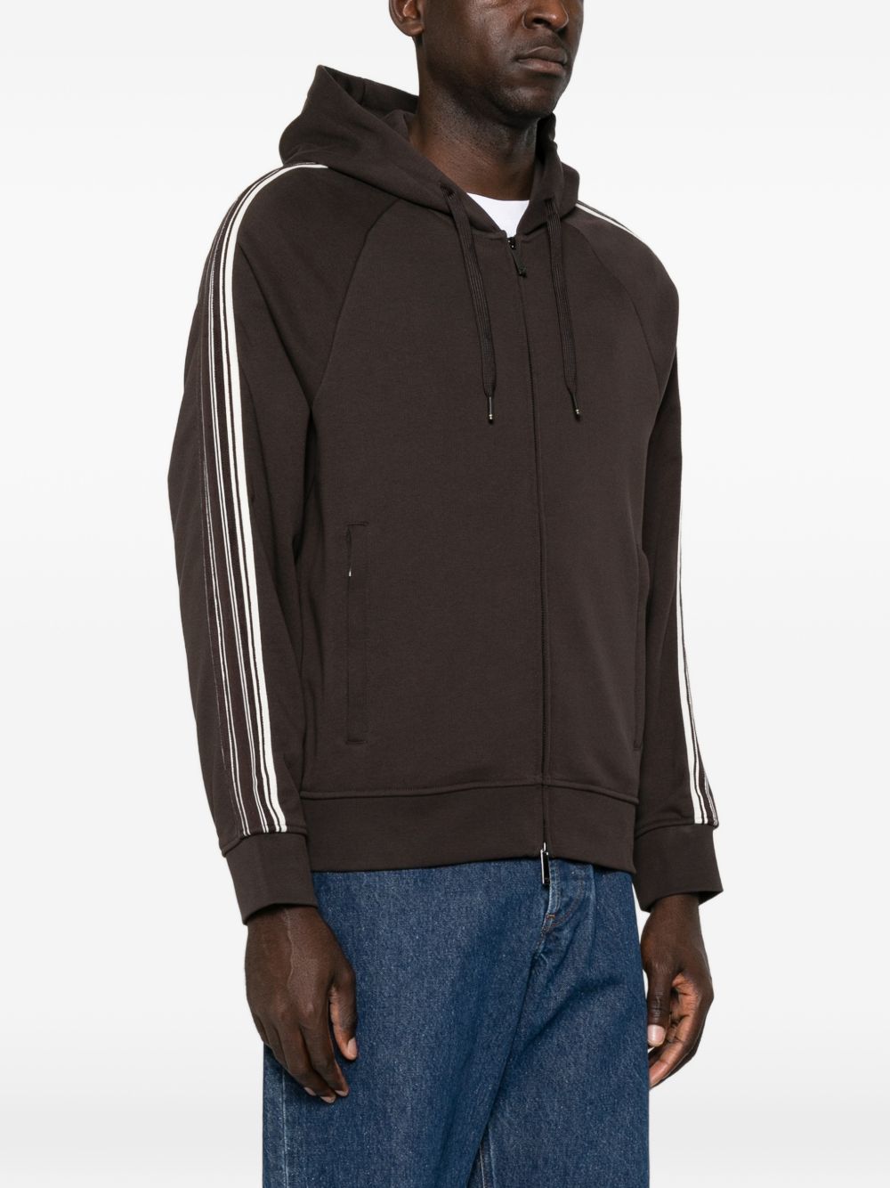 Emporio Armani Logo-Stripe Cotton Hoodie — Brown, view 5
