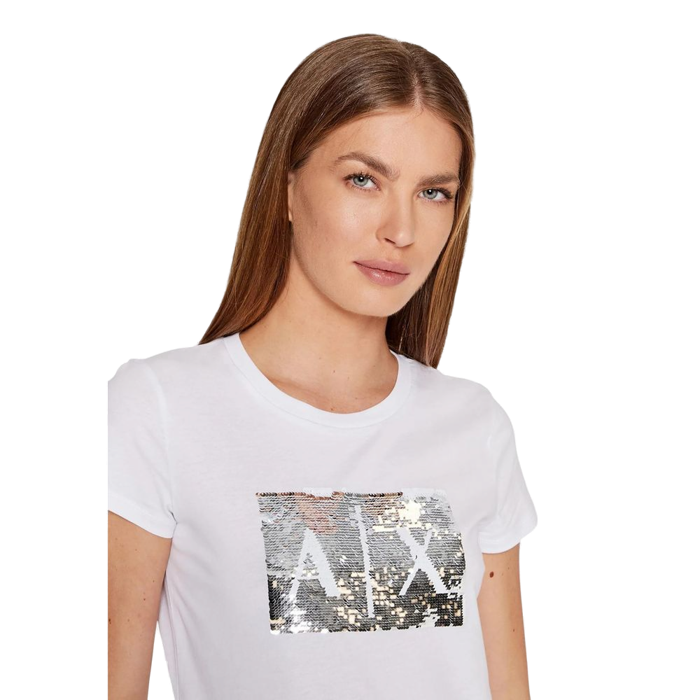 Armani Exchange Sequin Logo T-Shirt — White, view 4