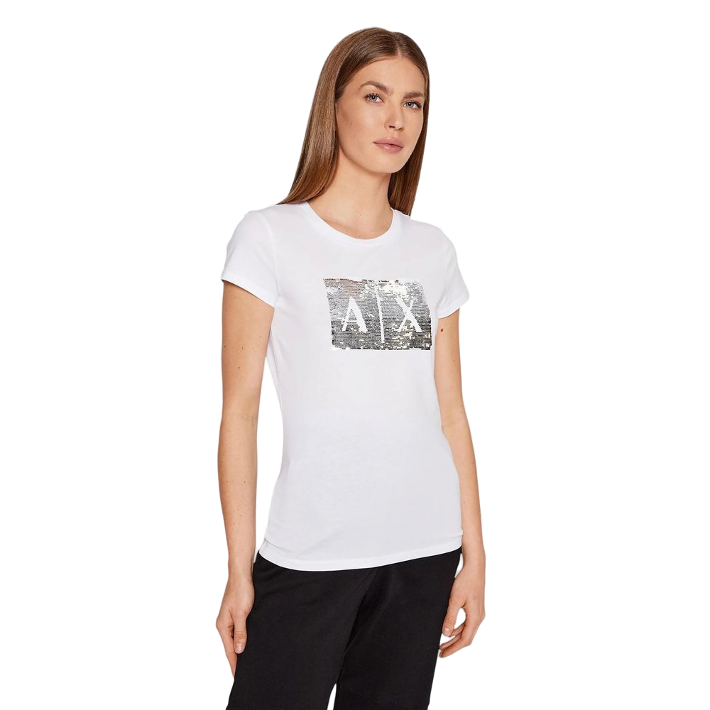 Armani Exchange Sequin Logo T-Shirt — White, view 5