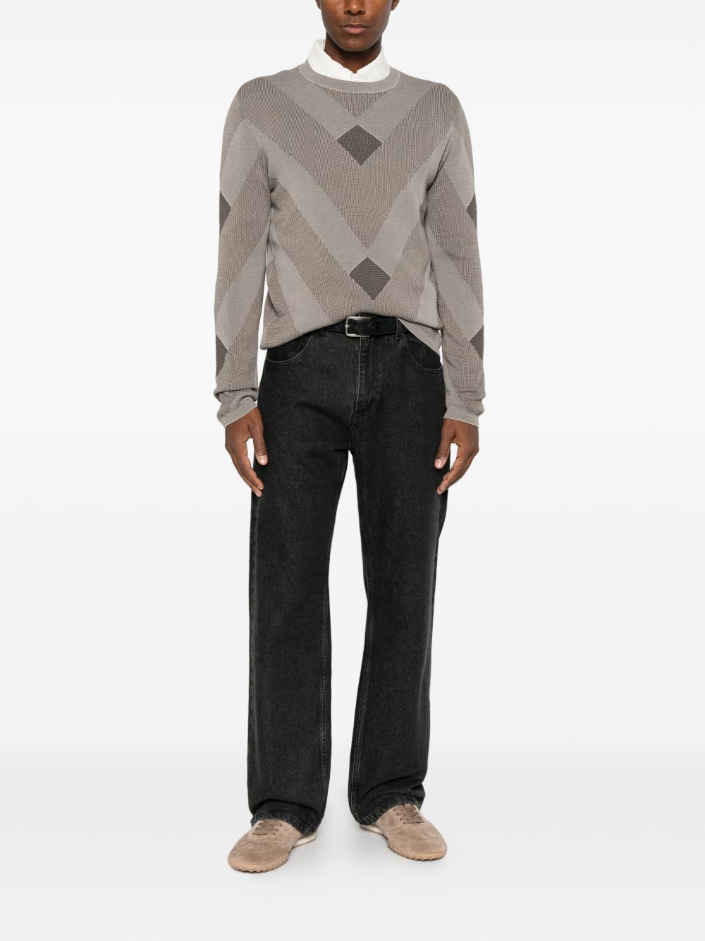 Emporio Armani Geometric-Patterned Cotton Sweater — Beige, view 2