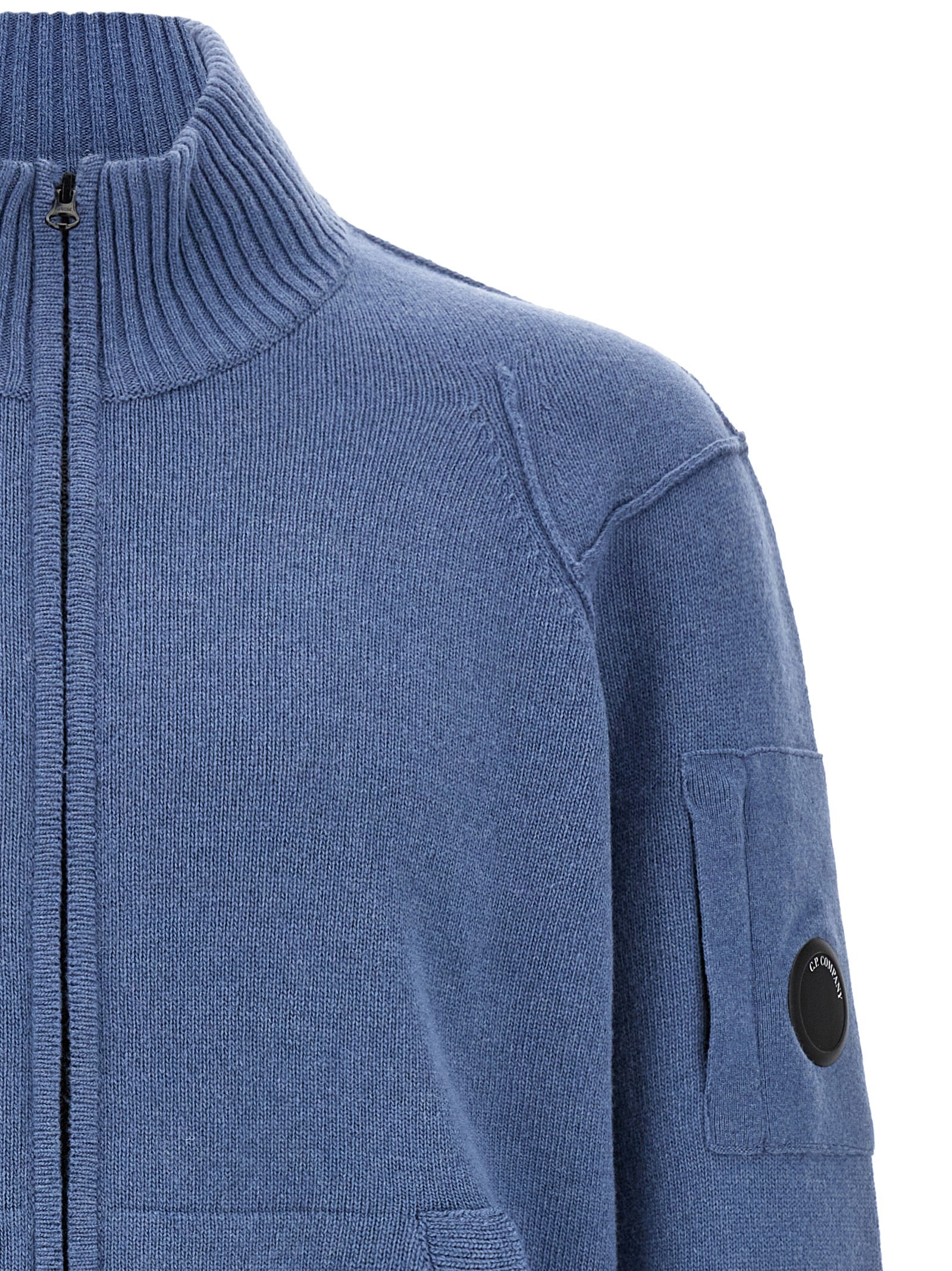 C.P. Company Wool Zip Cardigan with Lens Detail Cardigan — Blue, view 3