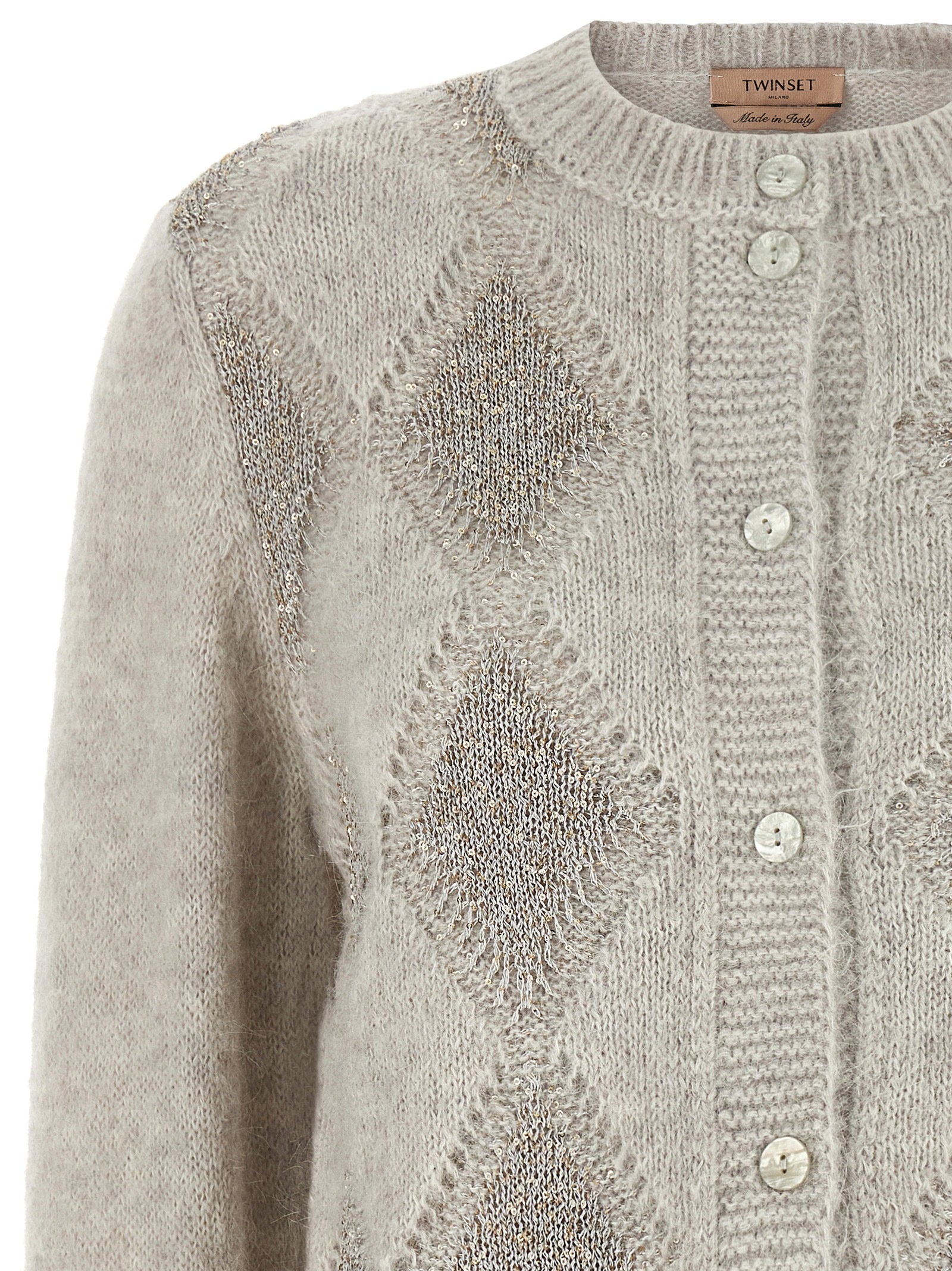 Twin Set Jacquard Diamond Cardigan — Gray, view 3