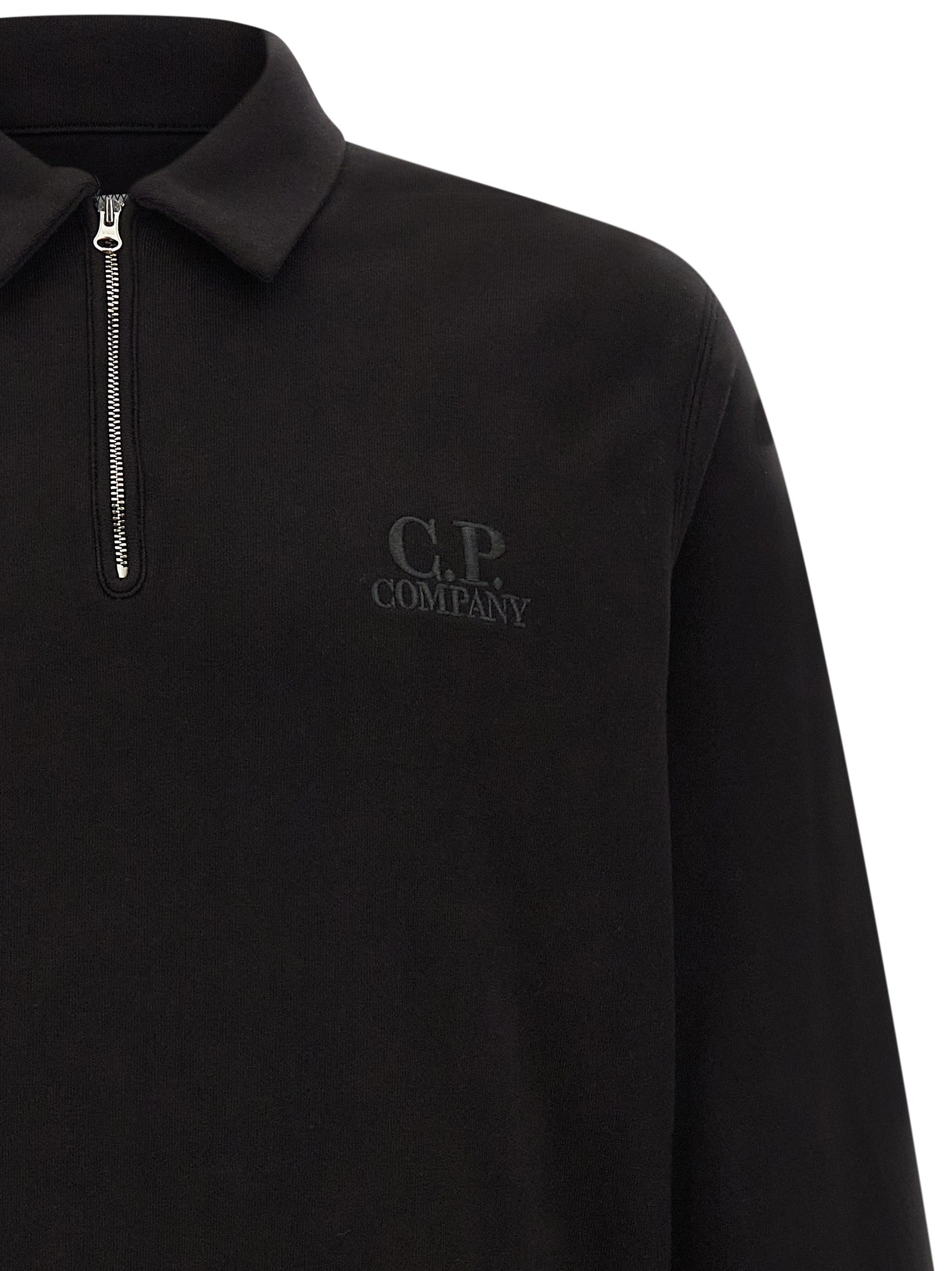 C.P. Company Cotton Polo-Collar Sweatshirt — Black, view 3