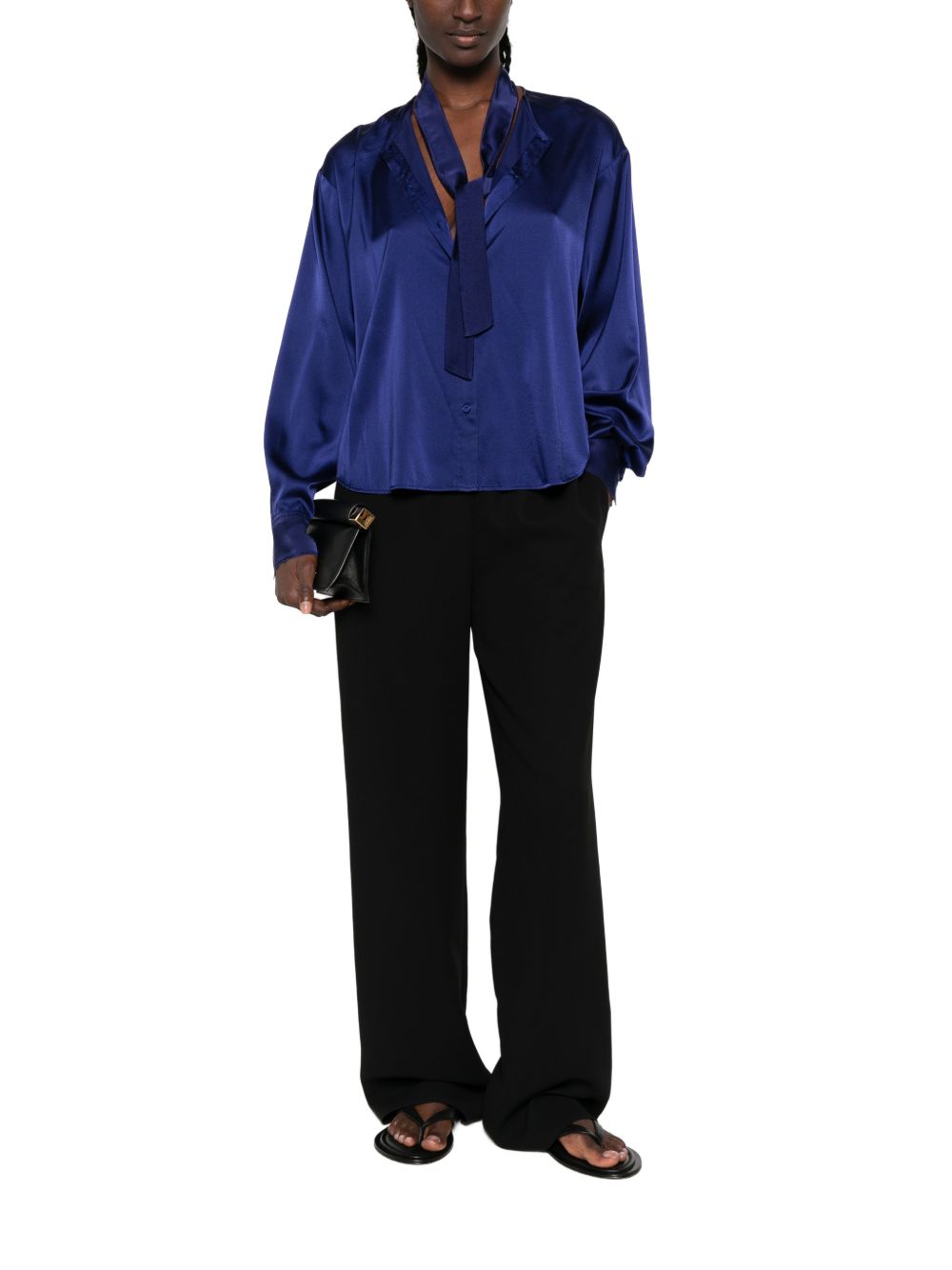 Forte Forte Silk Bow-Tie Shirt — Navy, view 3