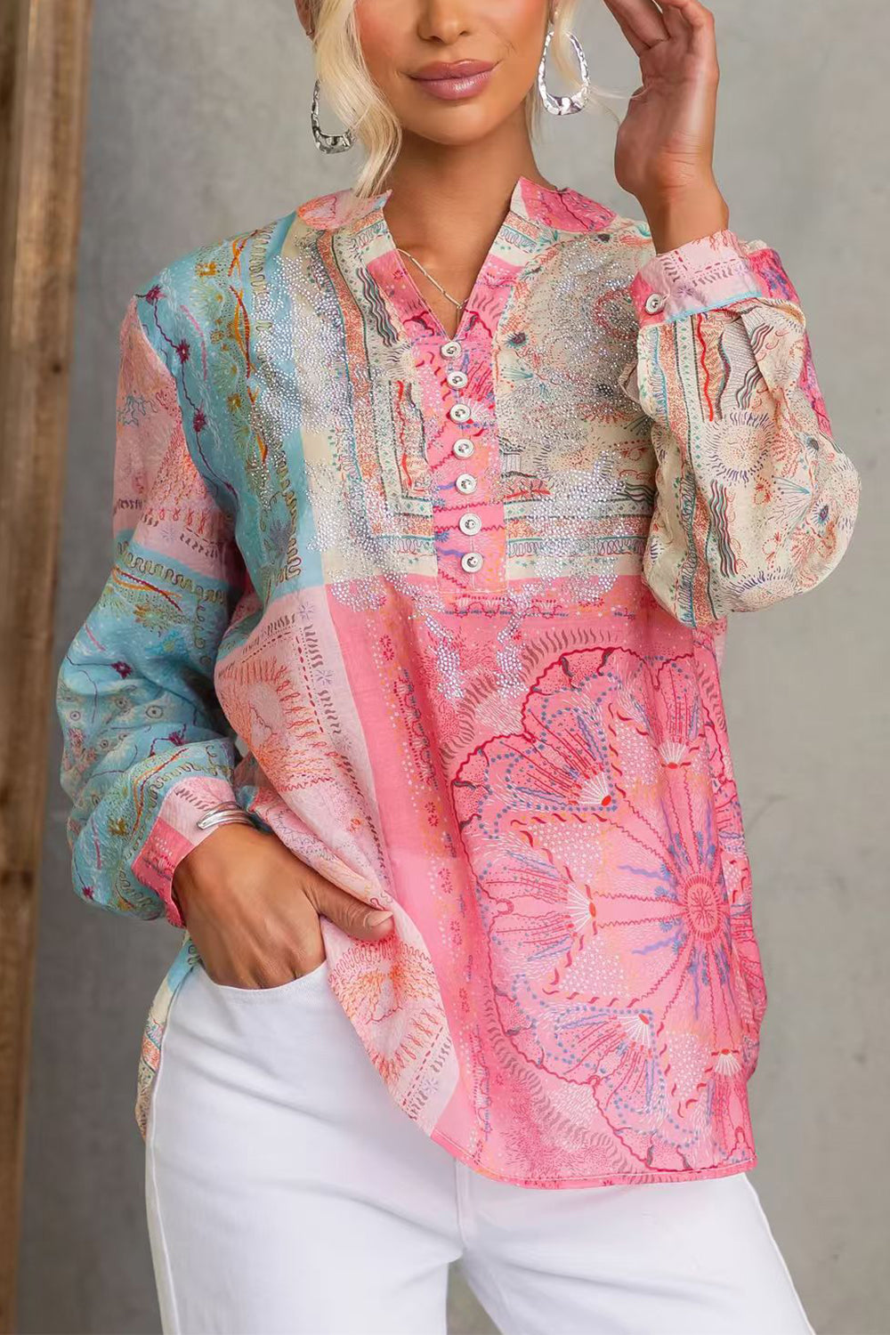 Long Sleeves Buttons Detail Printed Shirt by Margovil