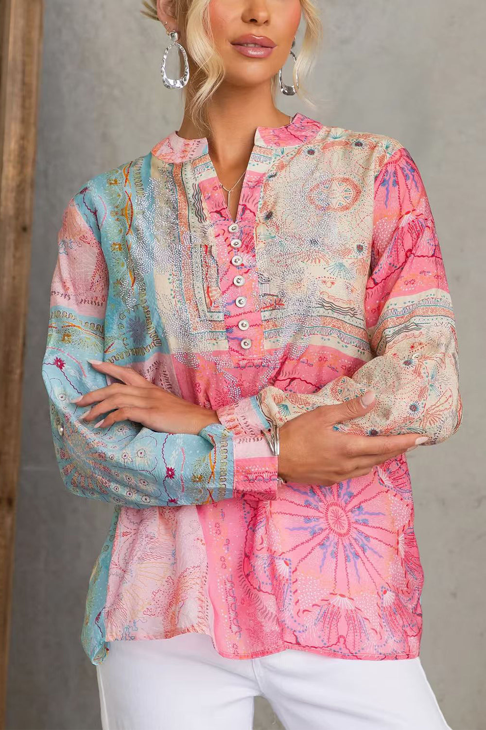 Long Sleeves Buttons Detail Printed Shirt, view 2