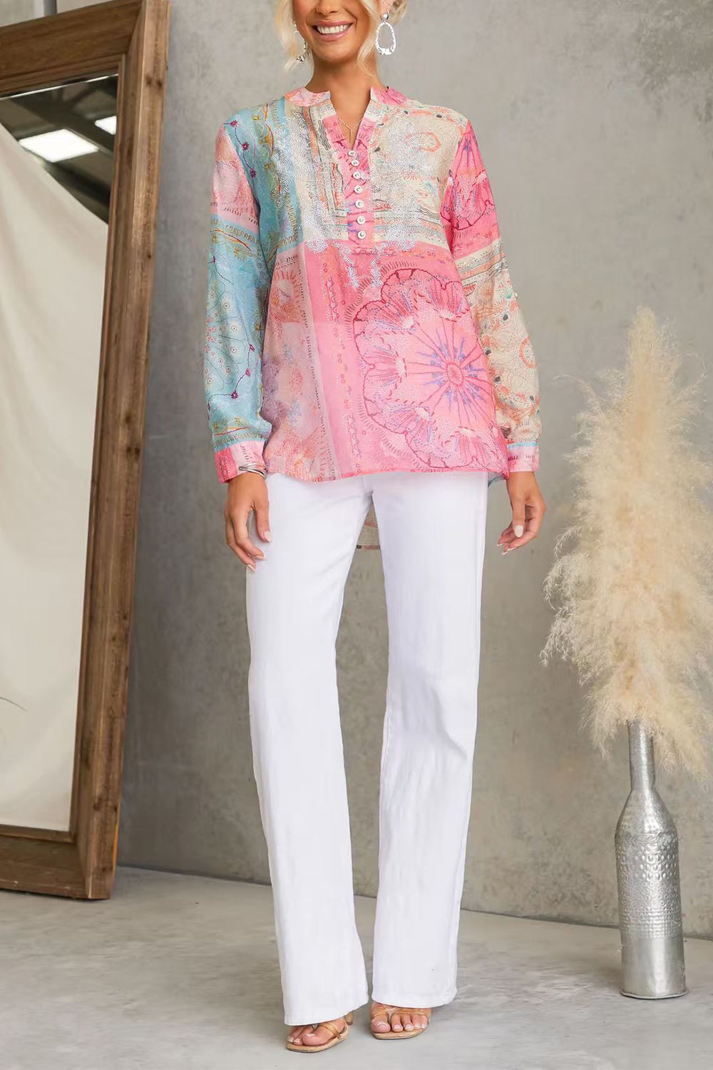 Long Sleeves Buttons Detail Printed Shirt, view 5