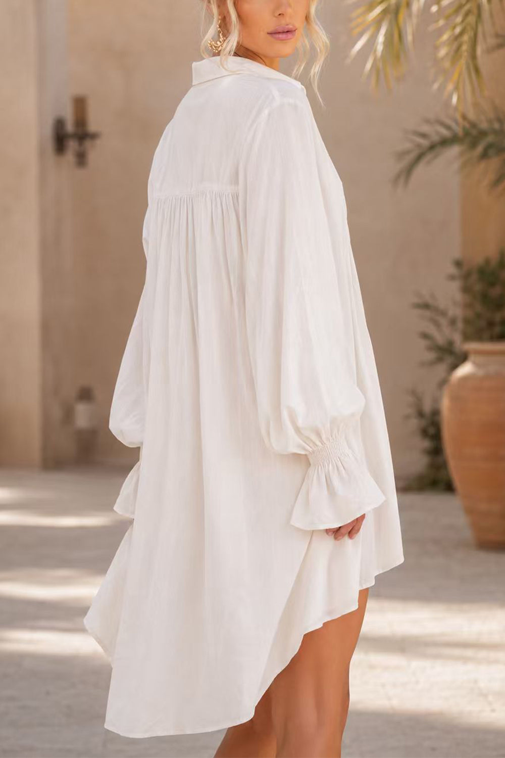 Margovil Lapel Bell Long Sleeves High Low Hem Shirt Dress, view 3
