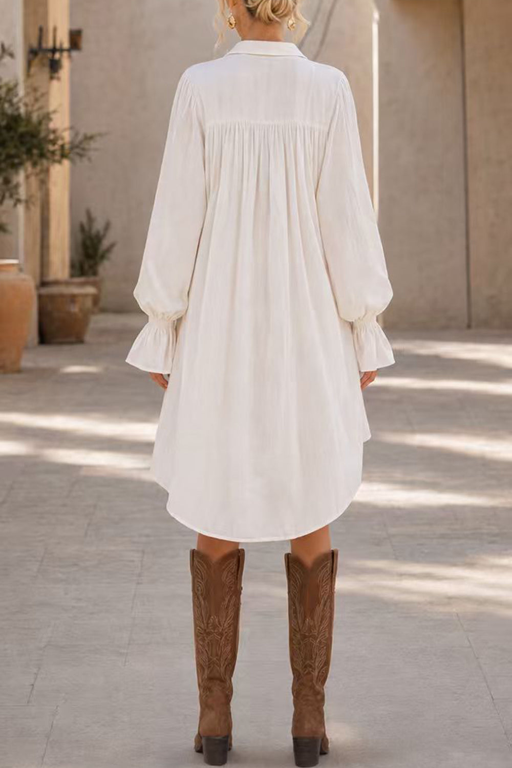 Margovil Lapel Bell Long Sleeves High Low Hem Shirt Dress, view 5